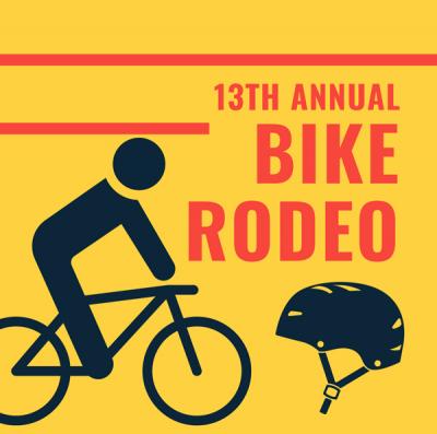 13th Annual Bike Rodeo Text with Bike and Helmet Illustration